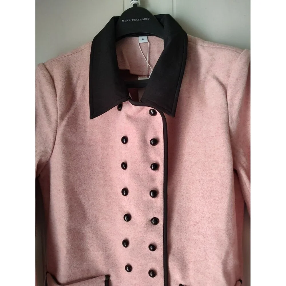 Double-Breasted Pink Coat with Black Trim Size Medium - Picture 3 of 7